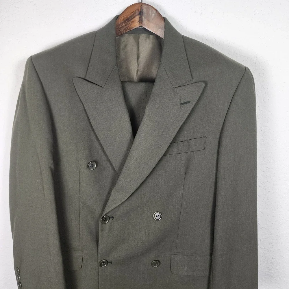 Joseph & Feiss Mens 36S 32x30 2pc Double Breasted Wool Suit Olive Green Business